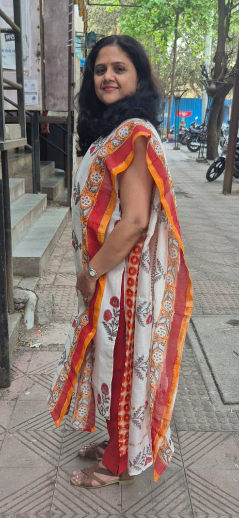 Off White Block Printed Chanderi Cotton Full Suit with Dupatta