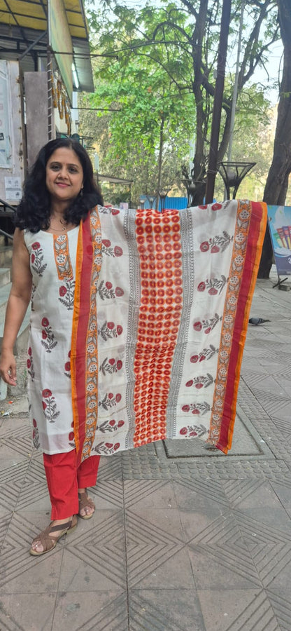 Off White Block Printed Chanderi Cotton Full Suit with Dupatta