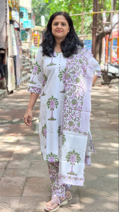 White Hand Block Printed Pure Mul Cotton Full Suit With Dupatta