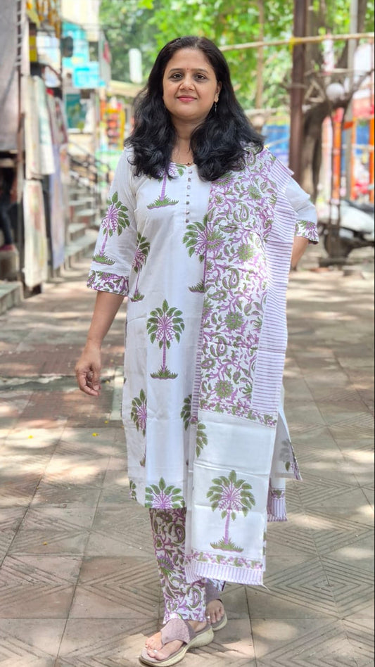 White Hand Block Printed Pure Mul Cotton Full Suit With Dupatta