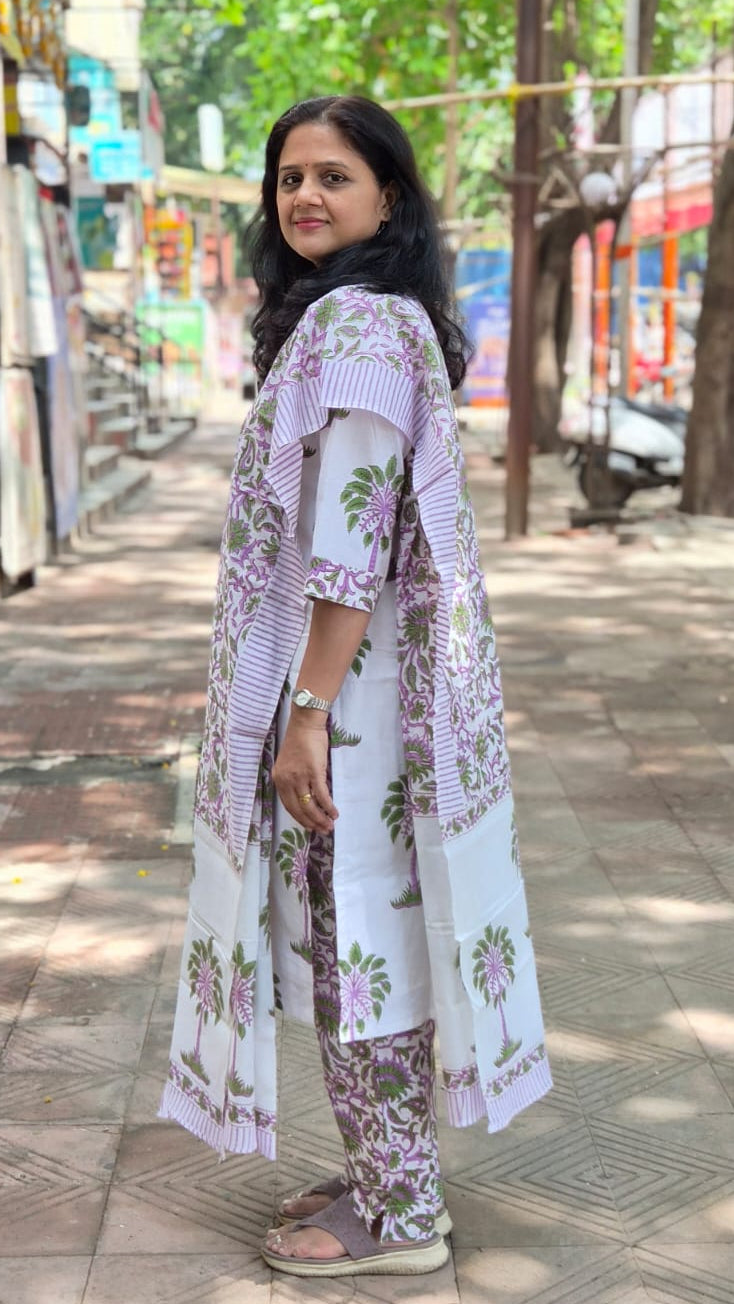 White Hand Block Printed Pure Mul Cotton Full Suit With Dupatta