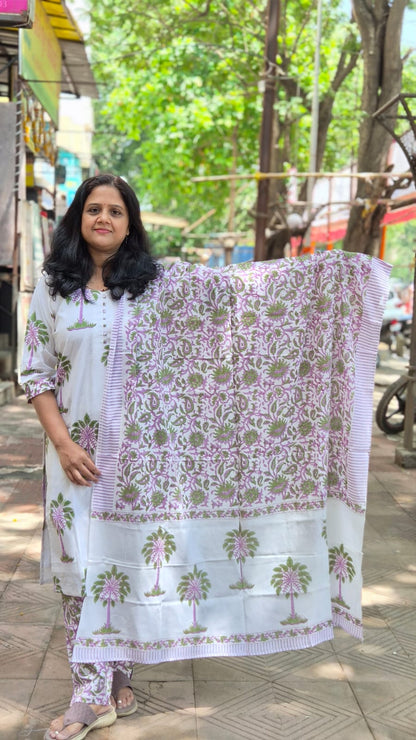White Hand Block Printed Pure Mul Cotton Full Suit With Dupatta