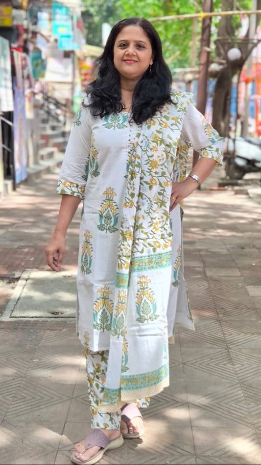 White Hand Block Printed Pure Mul Cotton Full Suit With Dupatta