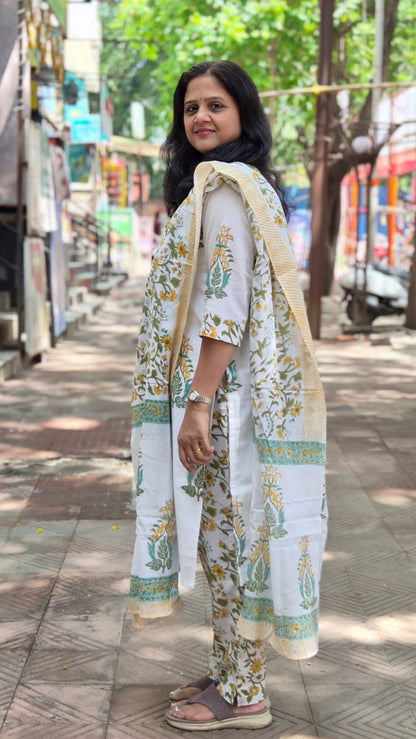 White Hand Block Printed Pure Mul Cotton Full Suit With Dupatta