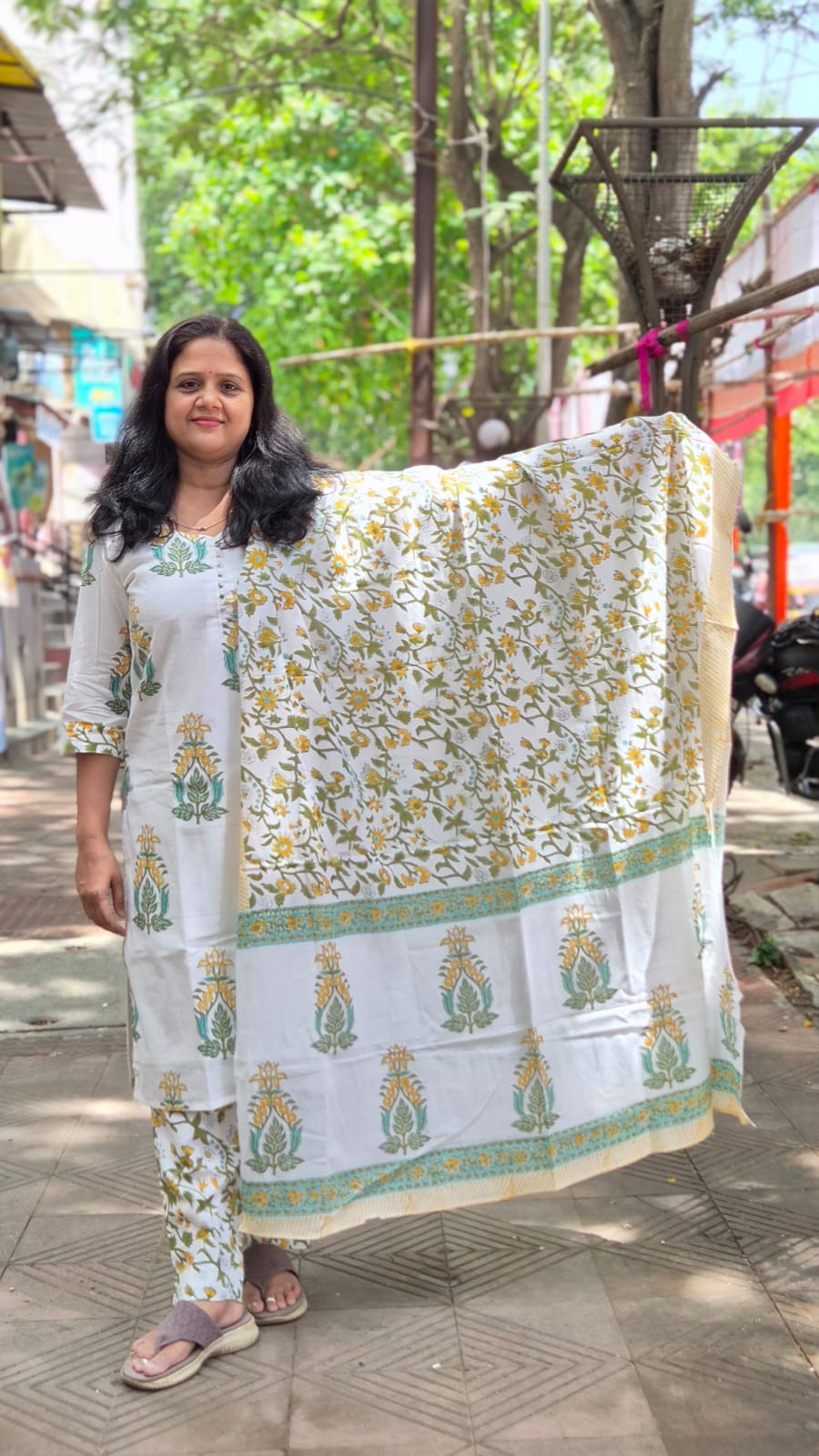 White Hand Block Printed Pure Mul Cotton Full Suit With Dupatta