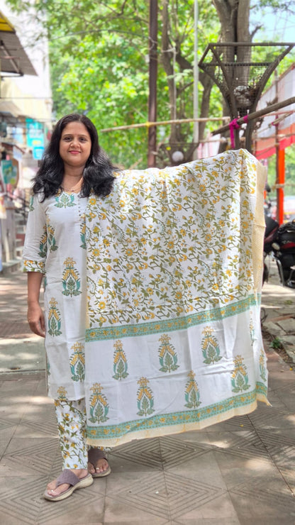 White Hand Block Printed Pure Mul Cotton Full Suit With Dupatta