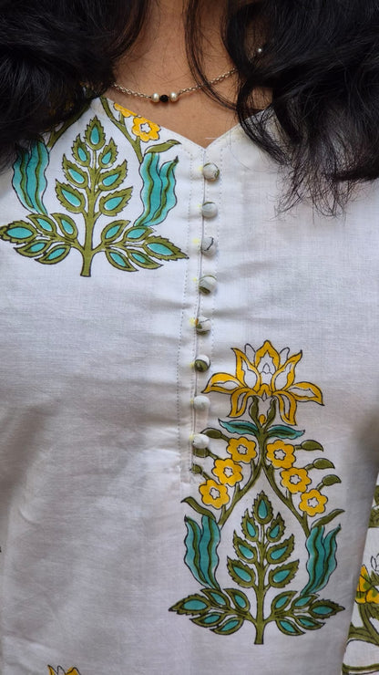 White Hand Block Printed Pure Mul Cotton Full Suit With Dupatta