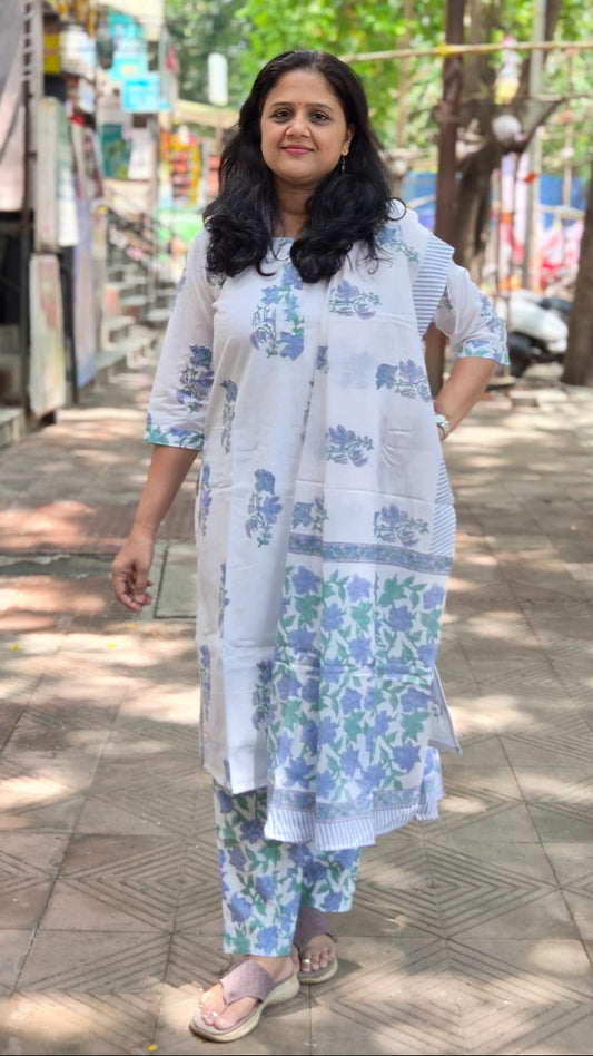 White Hand Block Printed Pure Mul Cotton Full Suit With Dupatta