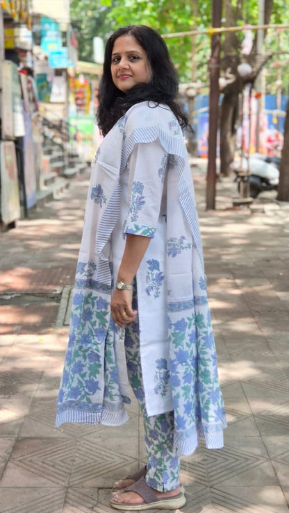 White Hand Block Printed Pure Mul Cotton Full Suit With Dupatta