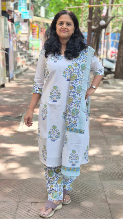 White Hand Block Printed Pure Mul Cotton Full Suit With Dupatta