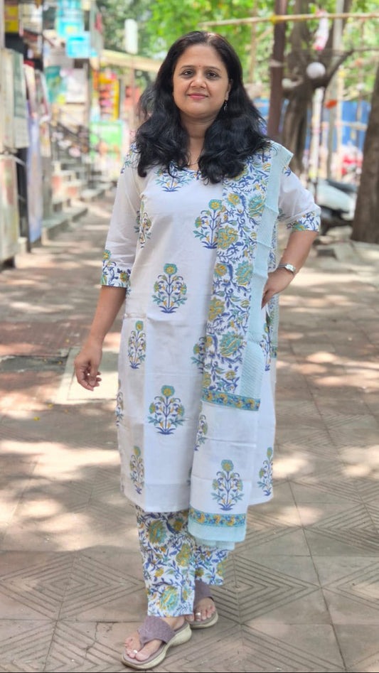 White Hand Block Printed Pure Mul Cotton Full Suit With Dupatta