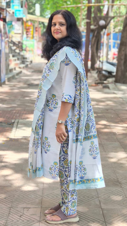 White Hand Block Printed Pure Mul Cotton Full Suit With Dupatta
