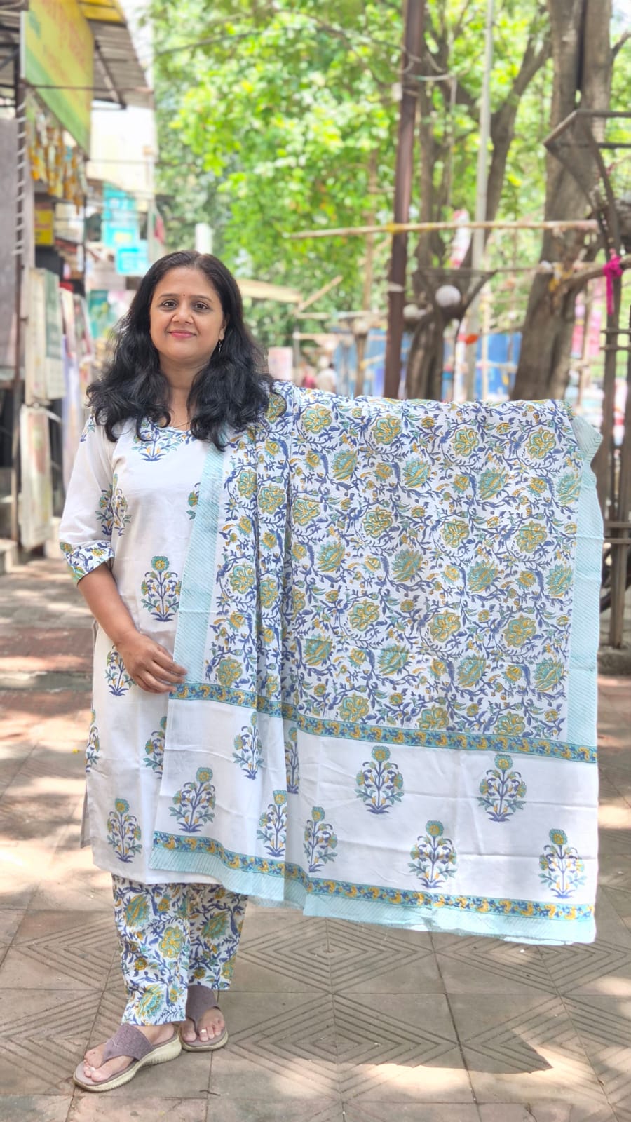 White Hand Block Printed Pure Mul Cotton Full Suit With Dupatta