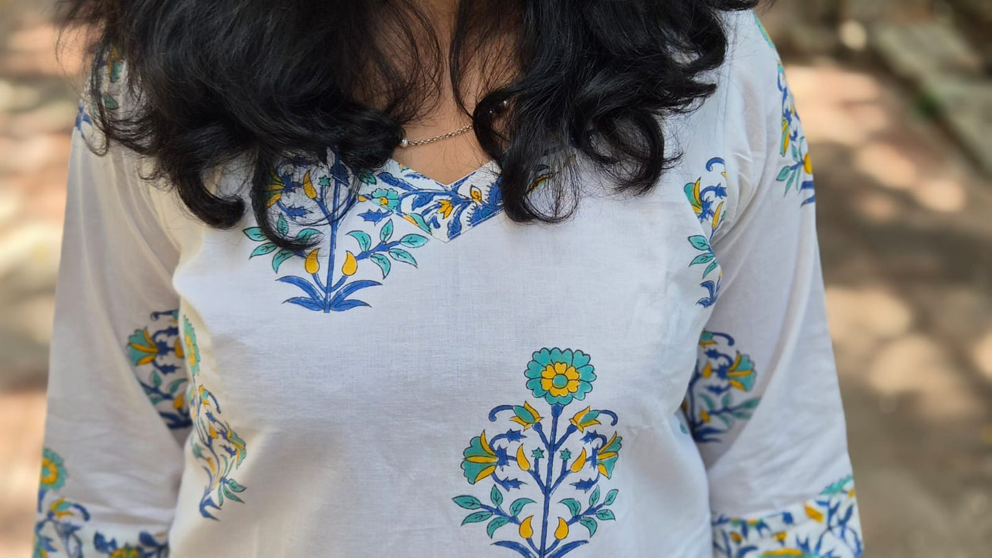 White Hand Block Printed Pure Mul Cotton Full Suit With Dupatta