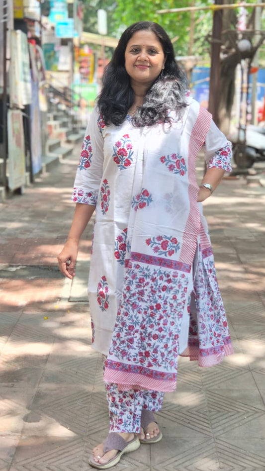 White Hand Block Printed Pure Mul Cotton Full Suit With Dupatta