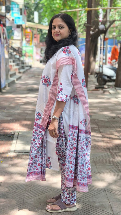 White Hand Block Printed Pure Mul Cotton Full Suit With Dupatta