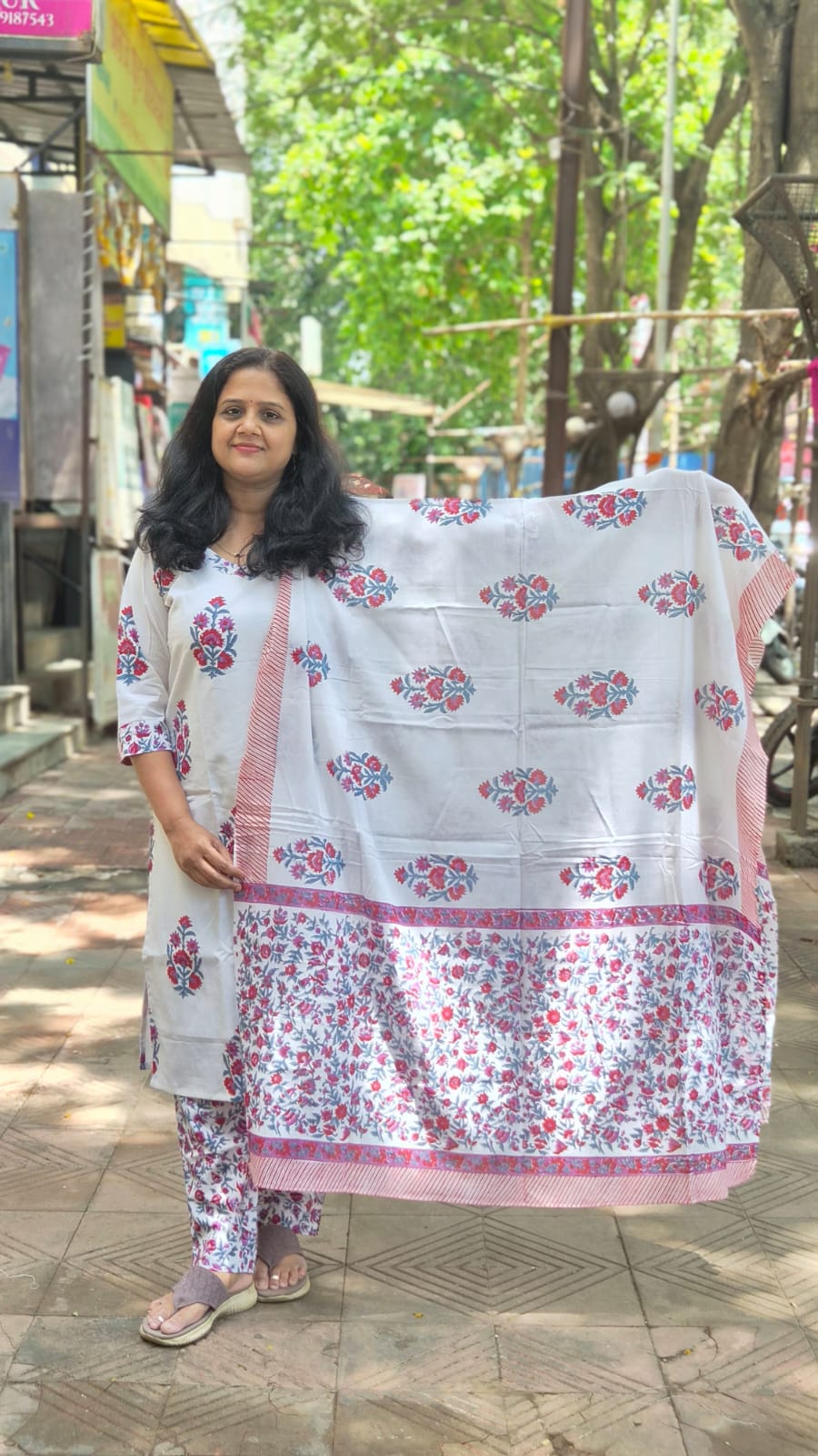 White Hand Block Printed Pure Mul Cotton Full Suit With Dupatta