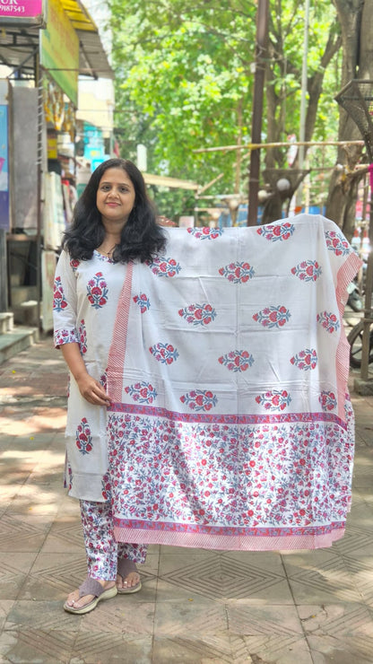 White Hand Block Printed Pure Mul Cotton Full Suit With Dupatta