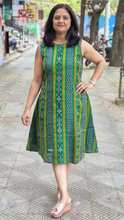 Green Sambalpuri Knee Length One Piece