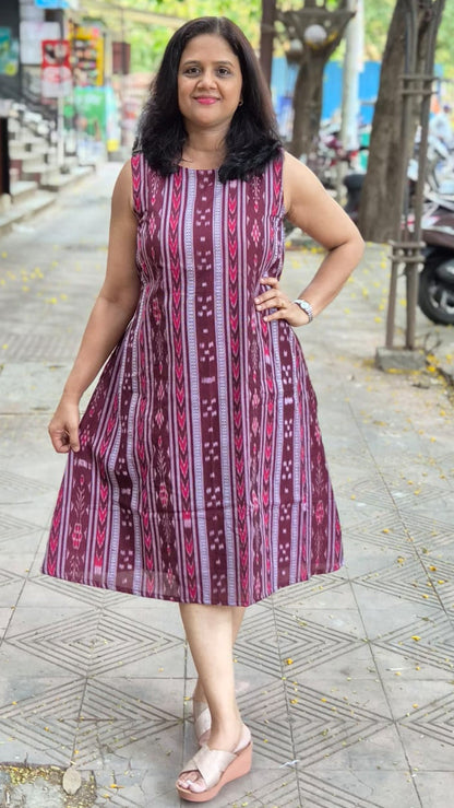 Dark Maroon Sambalpuri Knee Length One Piece
