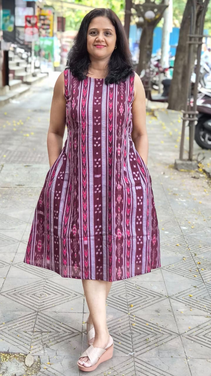 Dark Maroon Sambalpuri Knee Length One Piece