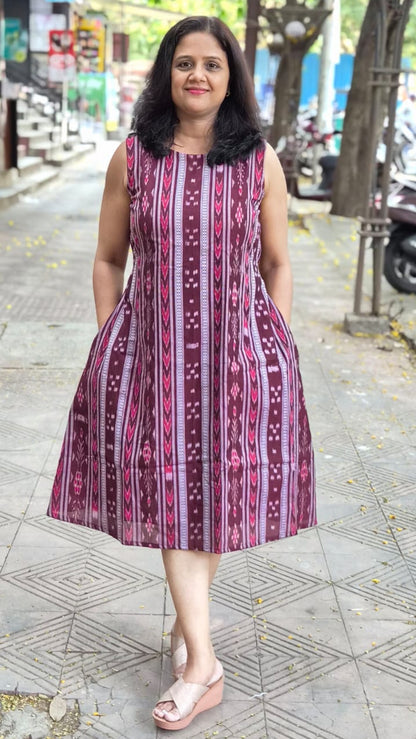 Dark Maroon Sambalpuri Knee Length One Piece