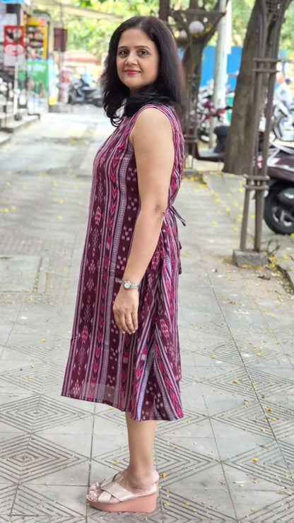 Dark Maroon Sambalpuri Knee Length One Piece
