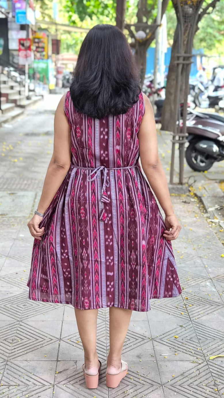 Dark Maroon Sambalpuri Knee Length One Piece