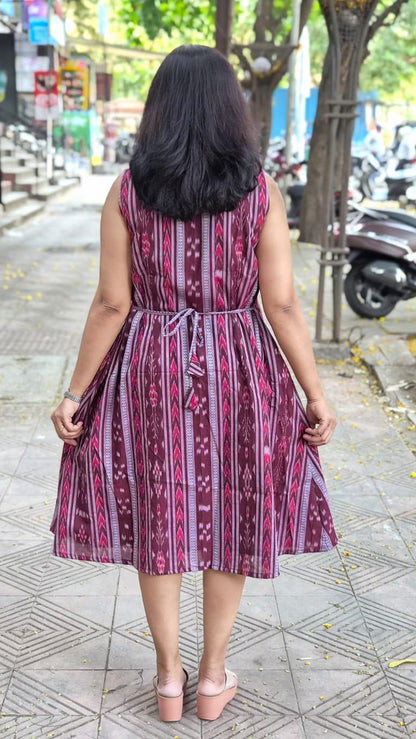 Dark Maroon Sambalpuri Knee Length One Piece