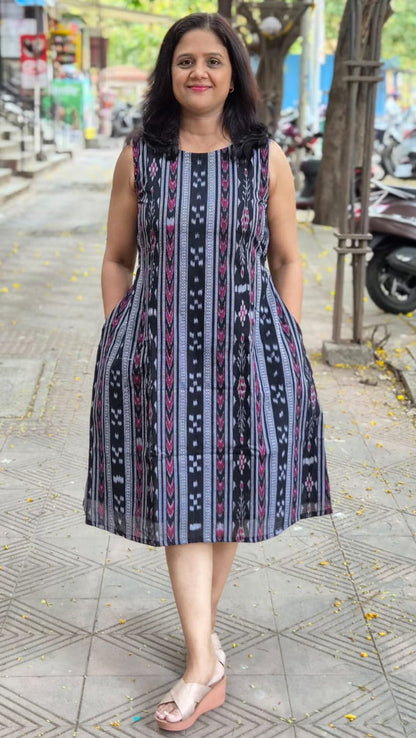 Black Sambalpuri Knee Length One Piece