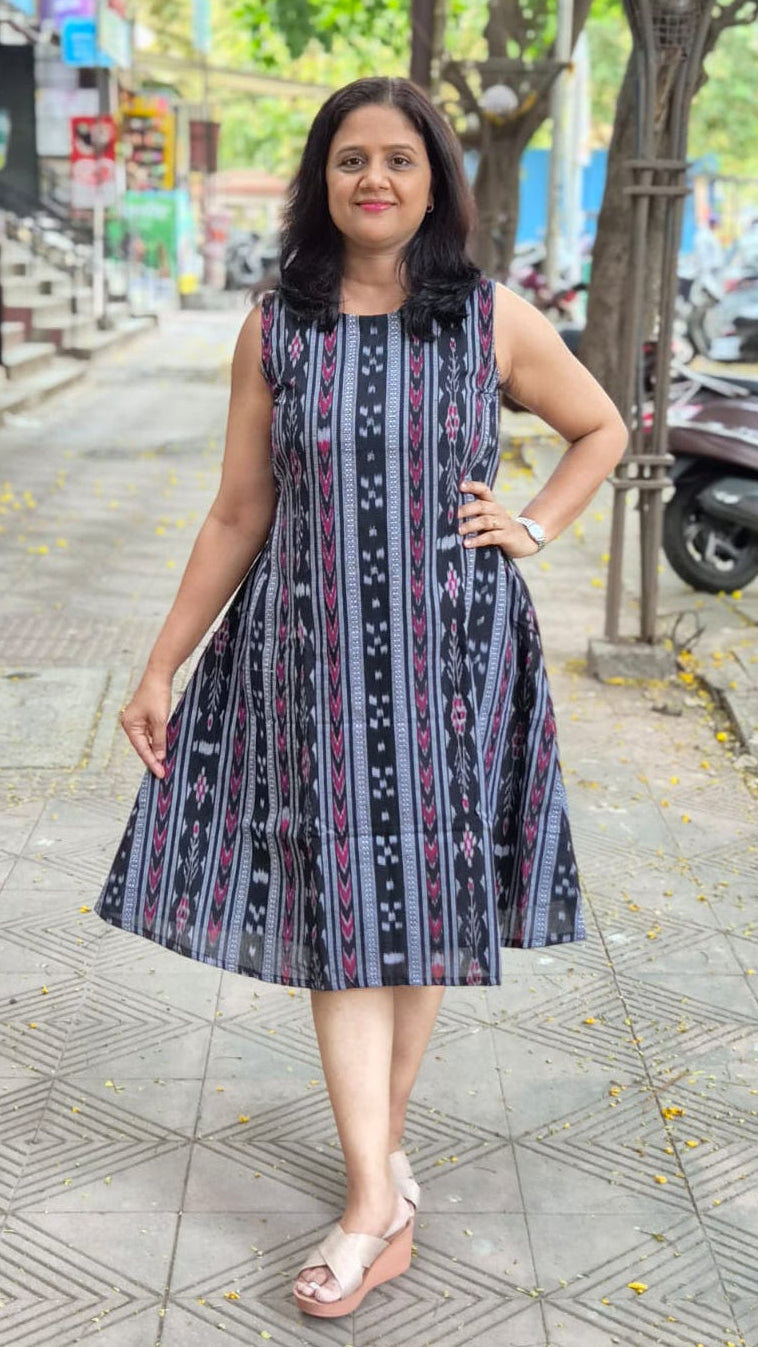 Black Sambalpuri Knee Length One Piece