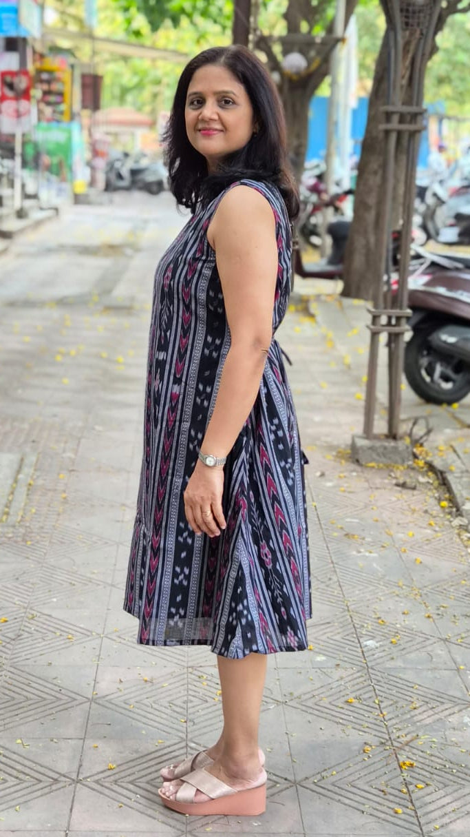 Black Sambalpuri Knee Length One Piece