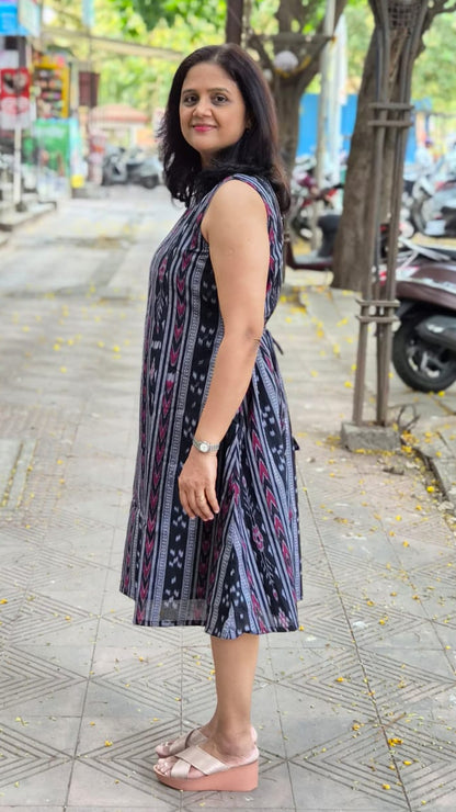 Black Sambalpuri Knee Length One Piece