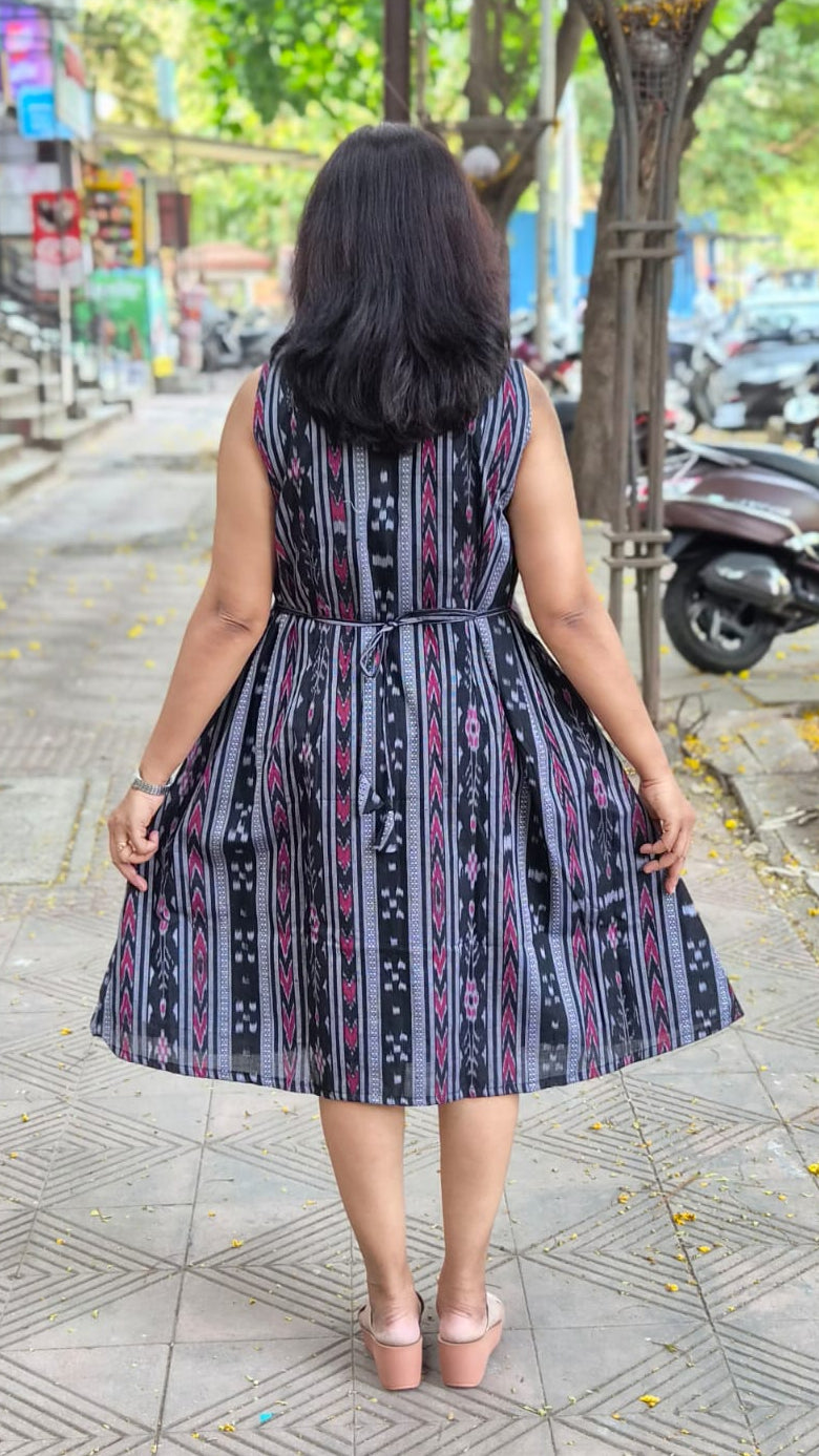 Black Sambalpuri Knee Length One Piece