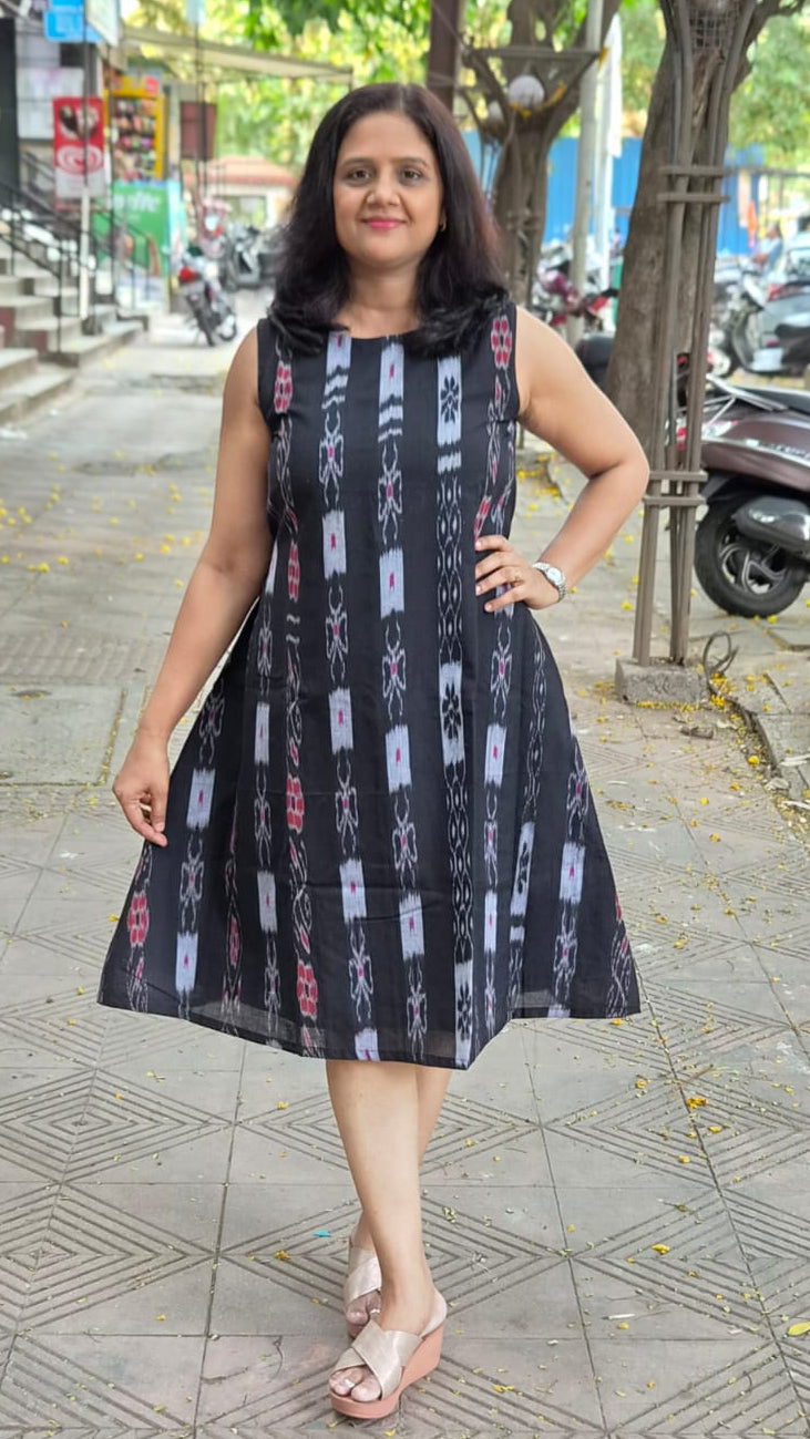 Black Sambalpuri Knee Length One Piece