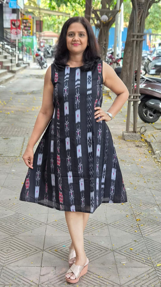 Black Sambalpuri Knee Length One Piece