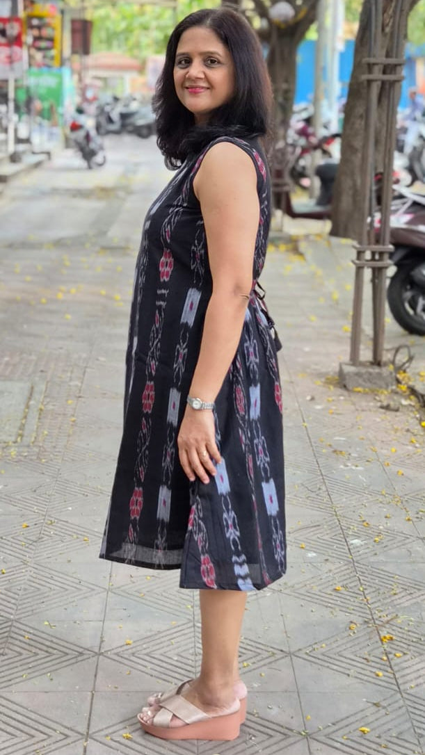 Black Sambalpuri Knee Length One Piece