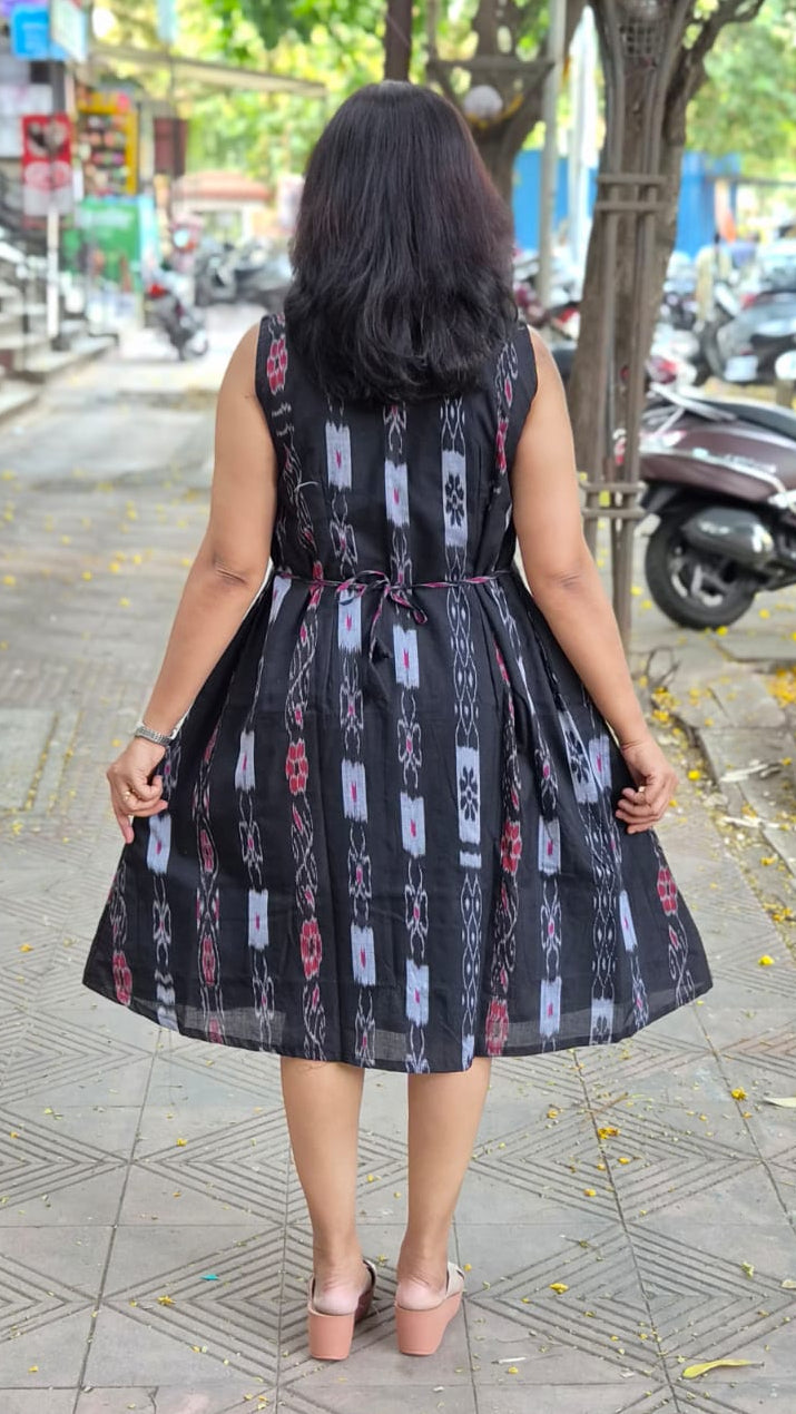 Black Sambalpuri Knee Length One Piece