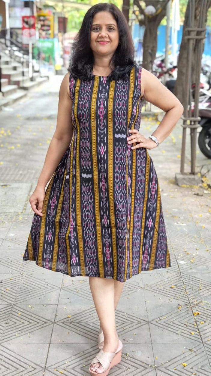 Black Sambalpuri Knee Length One Piece