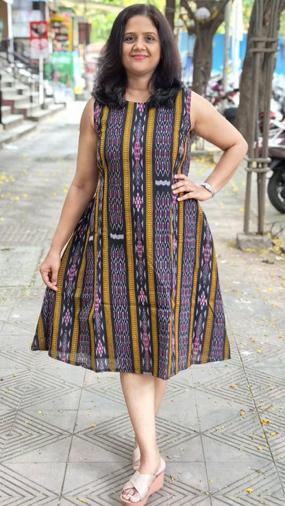 Black Sambalpuri Knee Length One Piece
