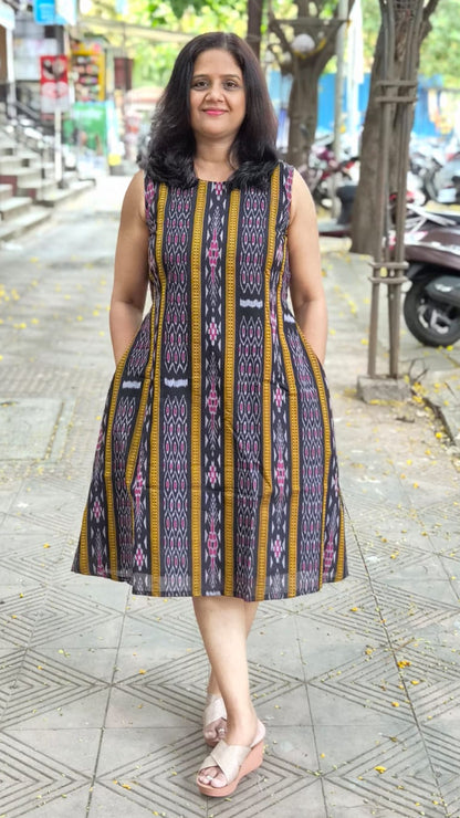 Black Sambalpuri Knee Length One Piece
