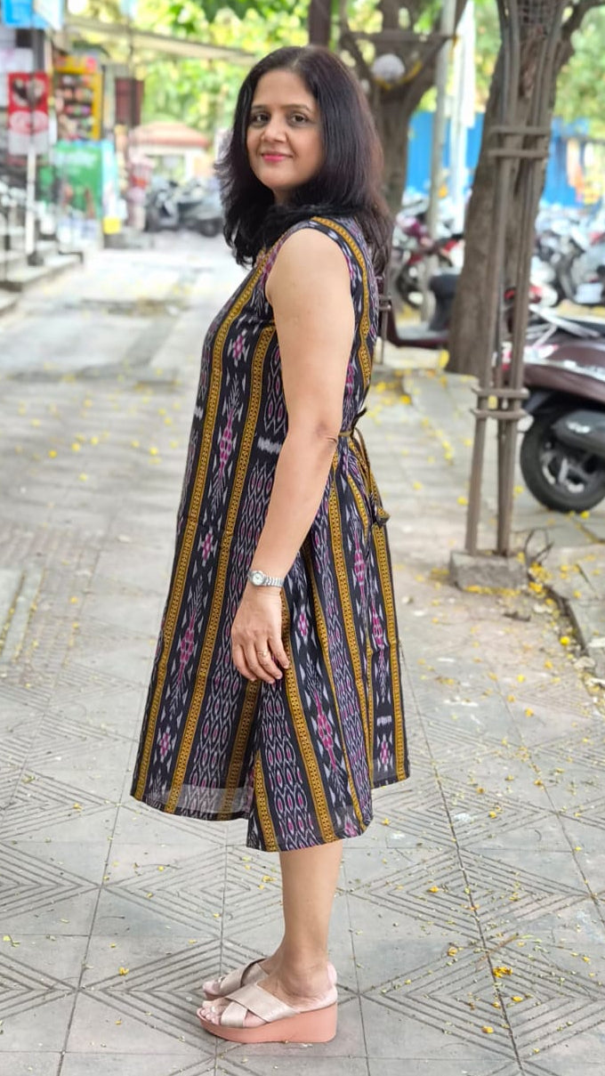 Black Sambalpuri Knee Length One Piece