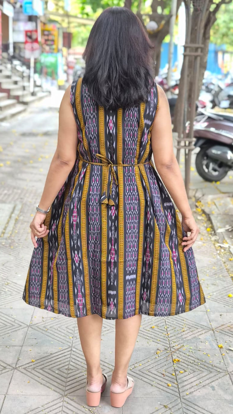 Black Sambalpuri Knee Length One Piece