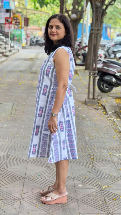 White  Sambalpuri Knee Length One Piece