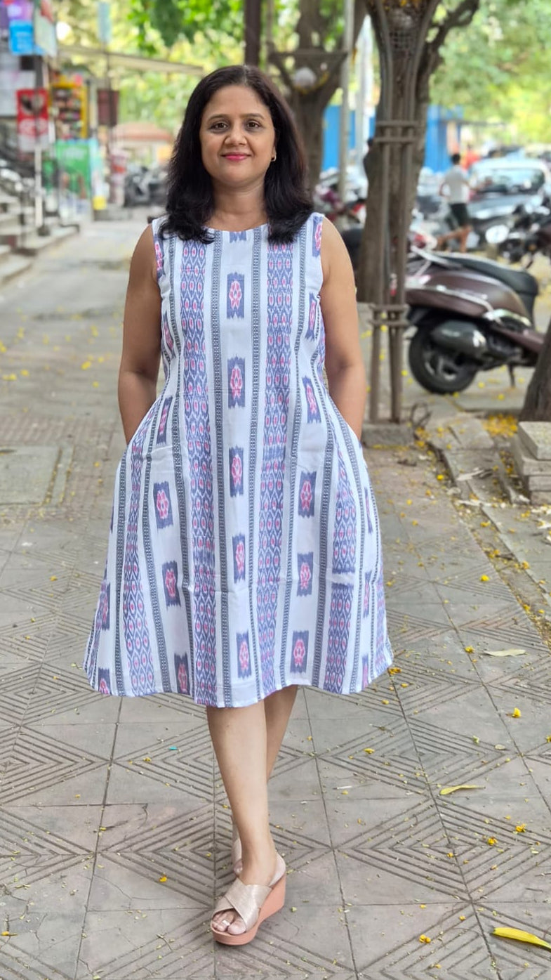 White  Sambalpuri Knee Length One Piece