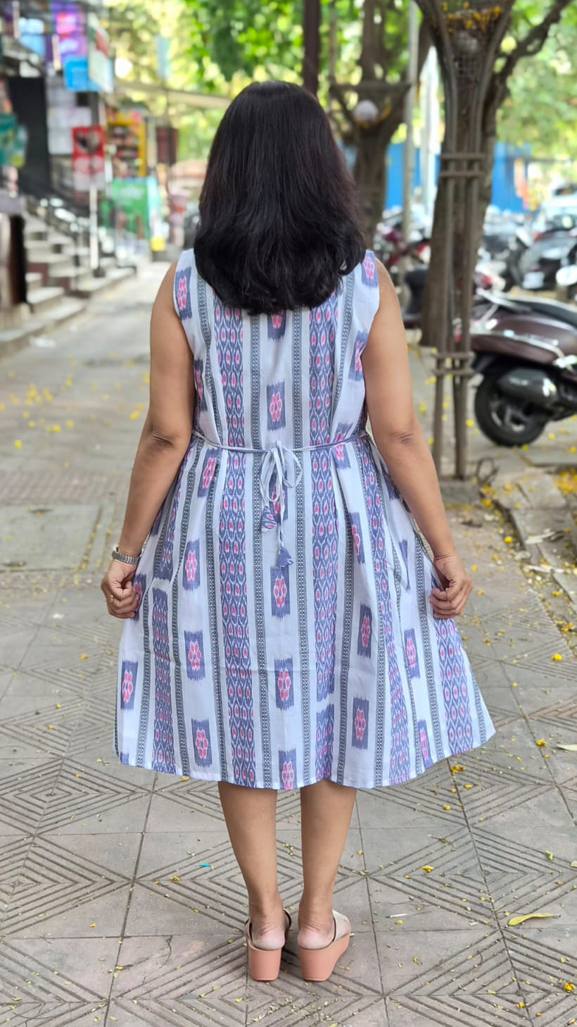 White  Sambalpuri Knee Length One Piece