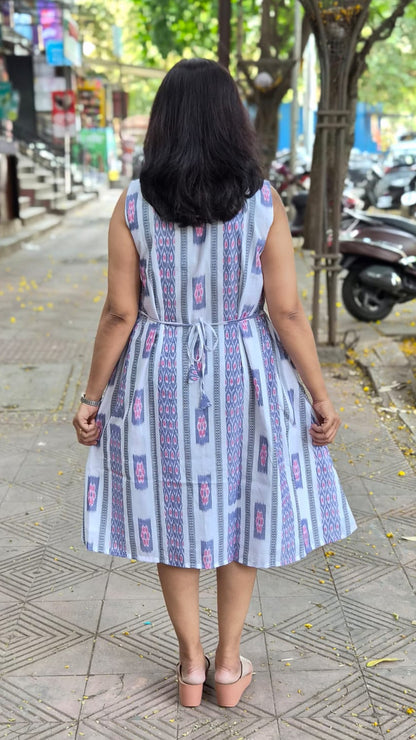 White  Sambalpuri Knee Length One Piece