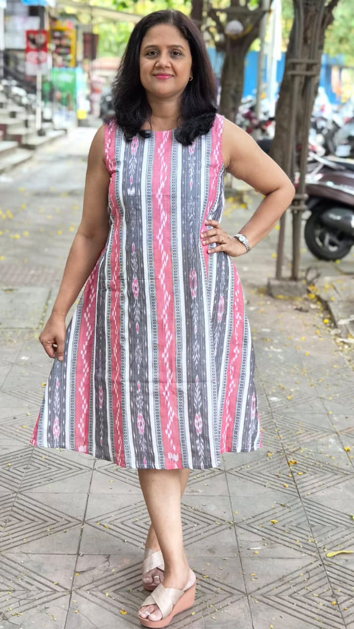 White Sambalpuri Knee Length One Piece