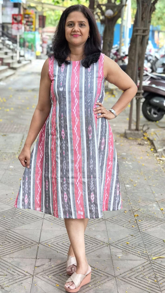 White Sambalpuri Knee Length One Piece