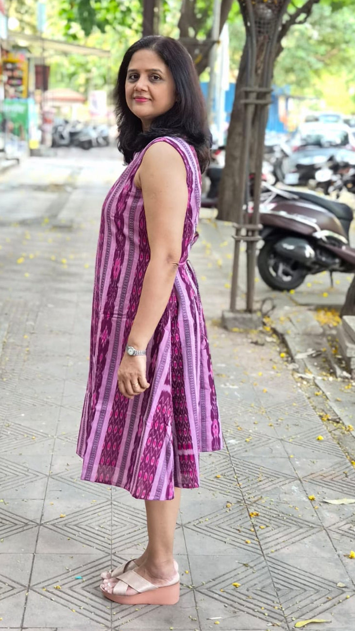 Dark Maroon Sambalpuri Knee Length One Piece